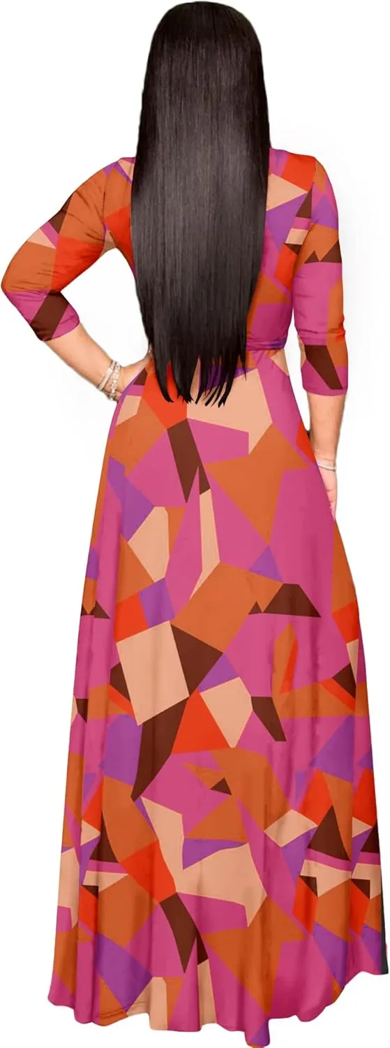 AOMONI Women's Floral Print Maxi Dresses Summer with Pockets Casual 3 4 Sleeve V-Neck Wrap Tie Waist Long Dress, M-3XL