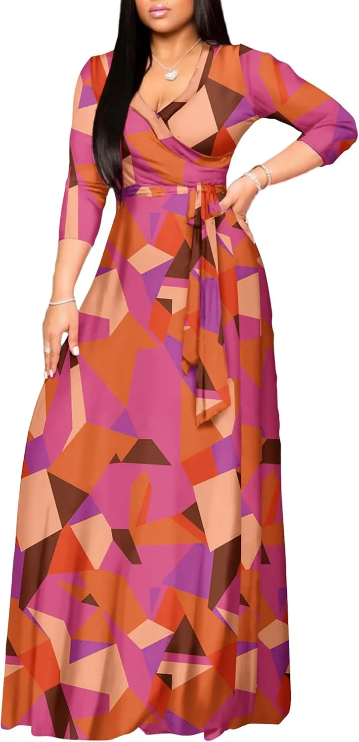 AOMONI Women's Floral Print Maxi Dresses Summer with Pockets Casual 3 4 Sleeve V-Neck Wrap Tie Waist Long Dress, M-3XL