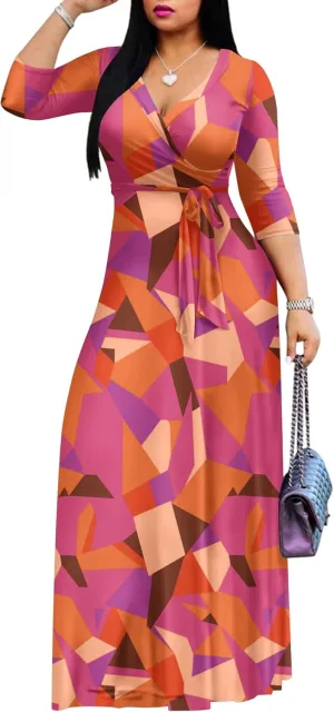 AOMONI Women's Floral Print Maxi Dresses Summer with Pockets Casual 3 4 Sleeve V-Neck Wrap Tie Waist Long Dress, M-3XL
