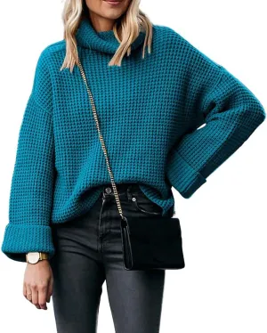 CHARTOU Women Chunky Turtleneck Waffle Knit Sweater Top Pullover Knitted Long Sleeve Jumper Oversized