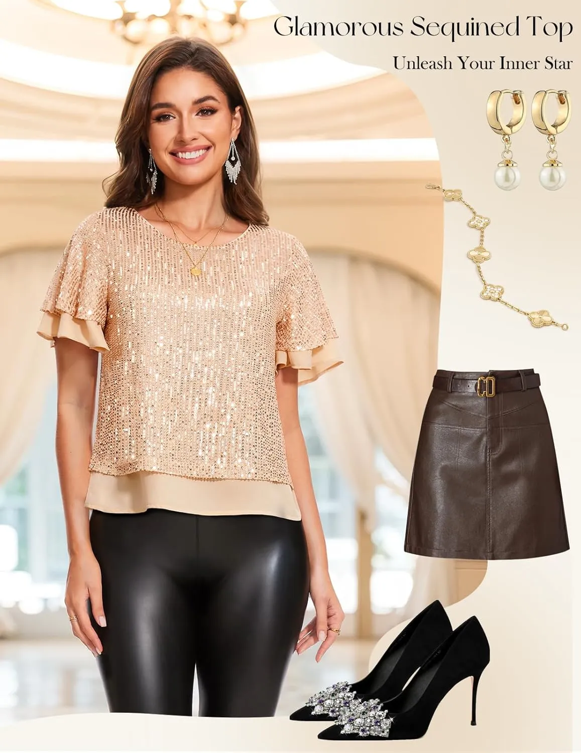 DRESSTELLS Women's Sparkly Sequin Tops, Glitter Party Cocktail Blouse, Ruffle Evening Club Concert Shirts