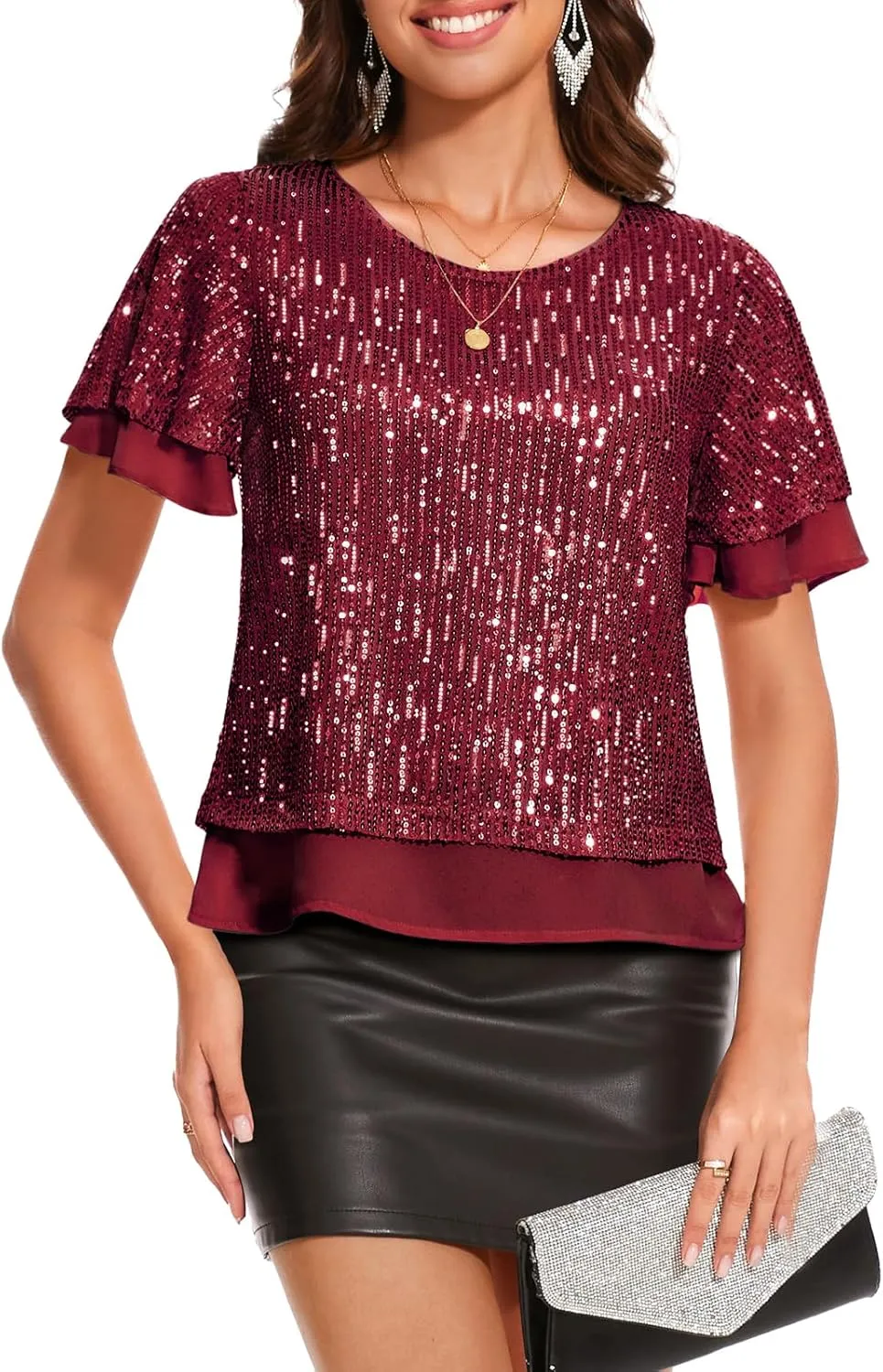 DRESSTELLS Women's Sparkly Sequin Tops, Glitter Party Cocktail Blouse, Ruffle Evening Club Concert Shirts