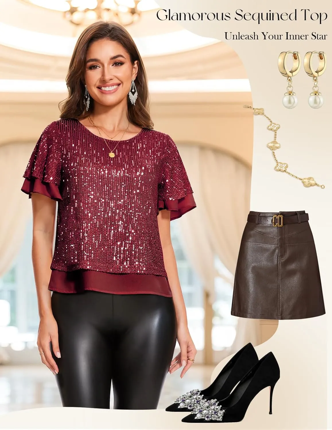 DRESSTELLS Women's Sparkly Sequin Tops, Glitter Party Cocktail Blouse, Ruffle Evening Club Concert Shirts