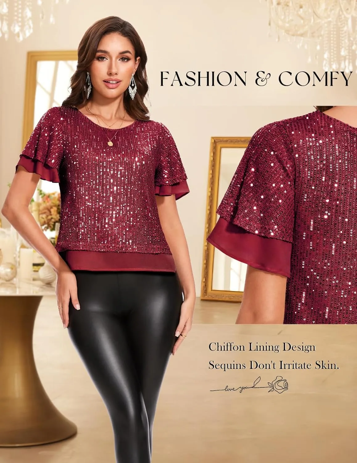 DRESSTELLS Women's Sparkly Sequin Tops, Glitter Party Cocktail Blouse, Ruffle Evening Club Concert Shirts