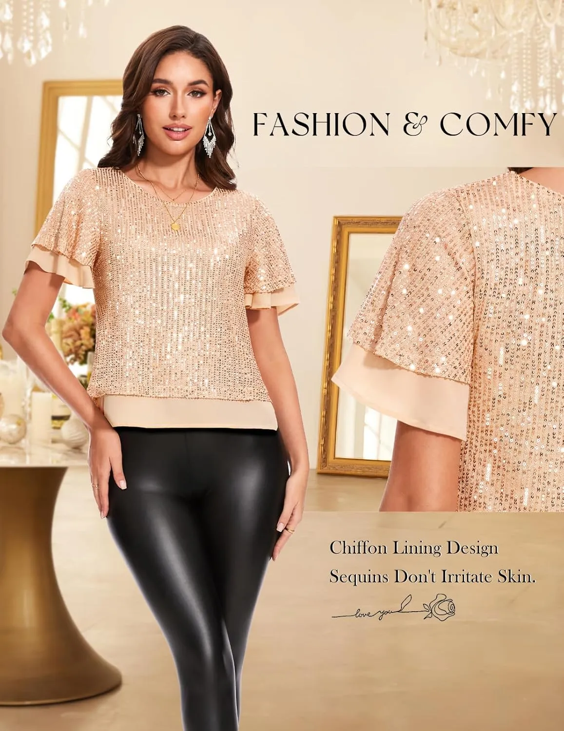 DRESSTELLS Women's Sparkly Sequin Tops, Glitter Party Cocktail Blouse, Ruffle Evening Club Concert Shirts