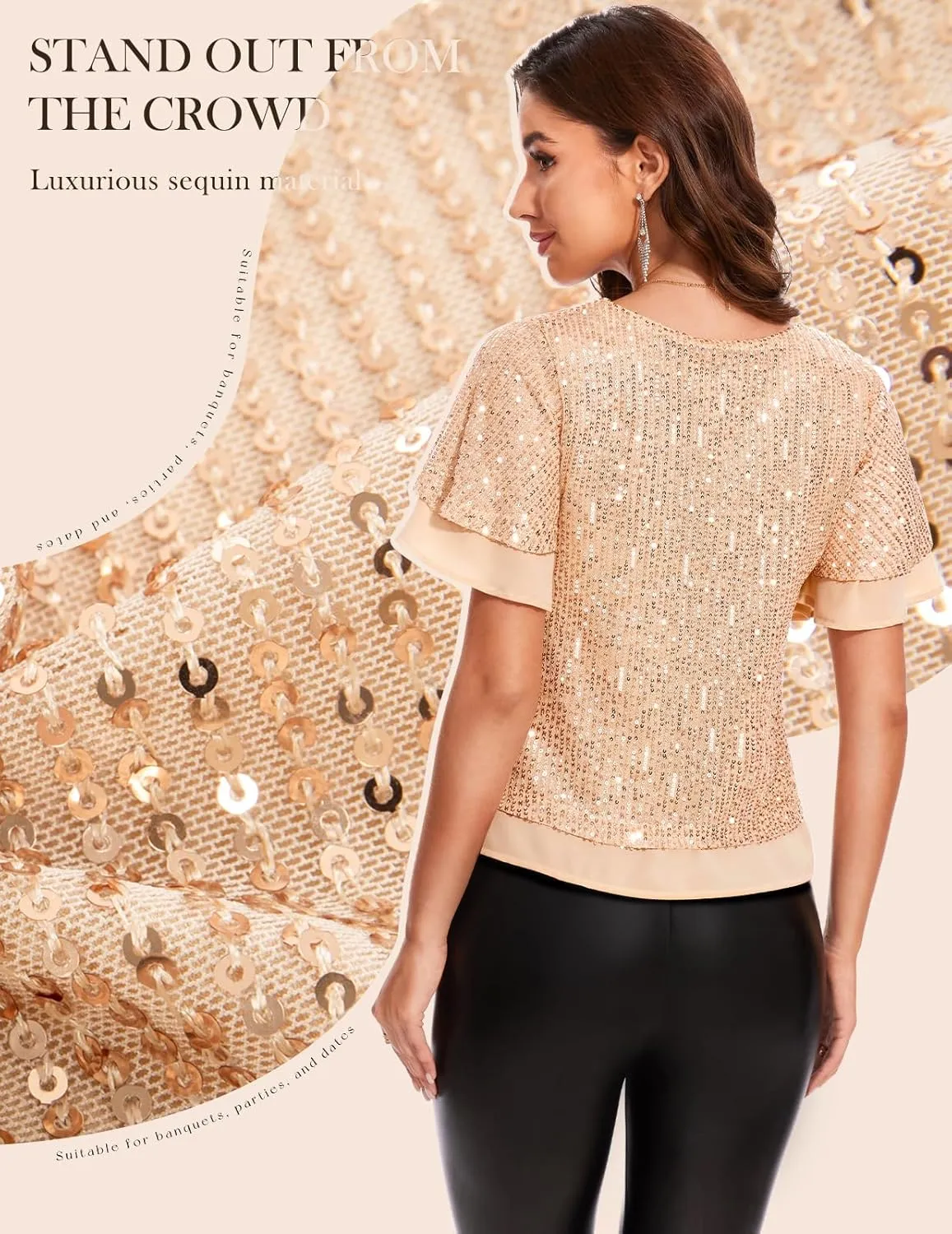 DRESSTELLS Women's Sparkly Sequin Tops, Glitter Party Cocktail Blouse, Ruffle Evening Club Concert Shirts