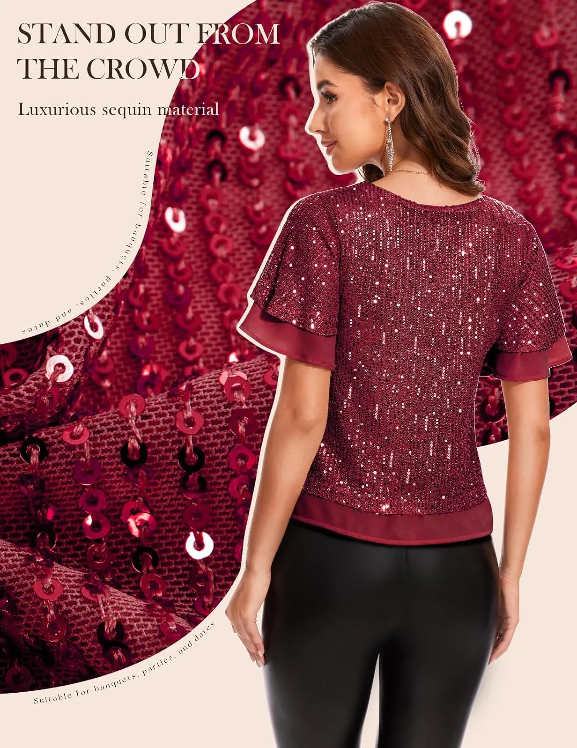 DRESSTELLS Women's Sparkly Sequin Tops, Glitter Party Cocktail Blouse, Ruffle Evening Club Concert Shirts