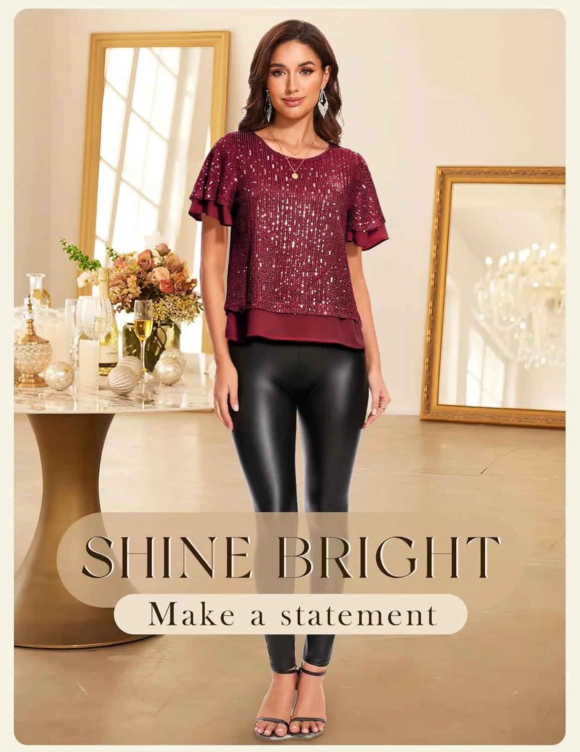 DRESSTELLS Women's Sparkly Sequin Tops, Glitter Party Cocktail Blouse, Ruffle Evening Club Concert Shirts