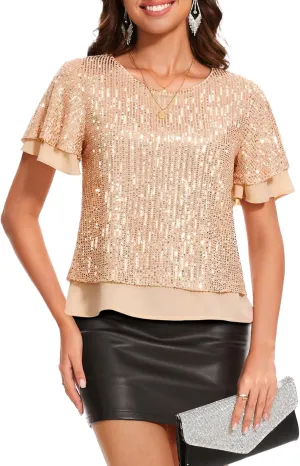 DRESSTELLS Women's Sparkly Sequin Tops, Glitter Party Cocktail Blouse, Ruffle Evening Club Concert Shirts