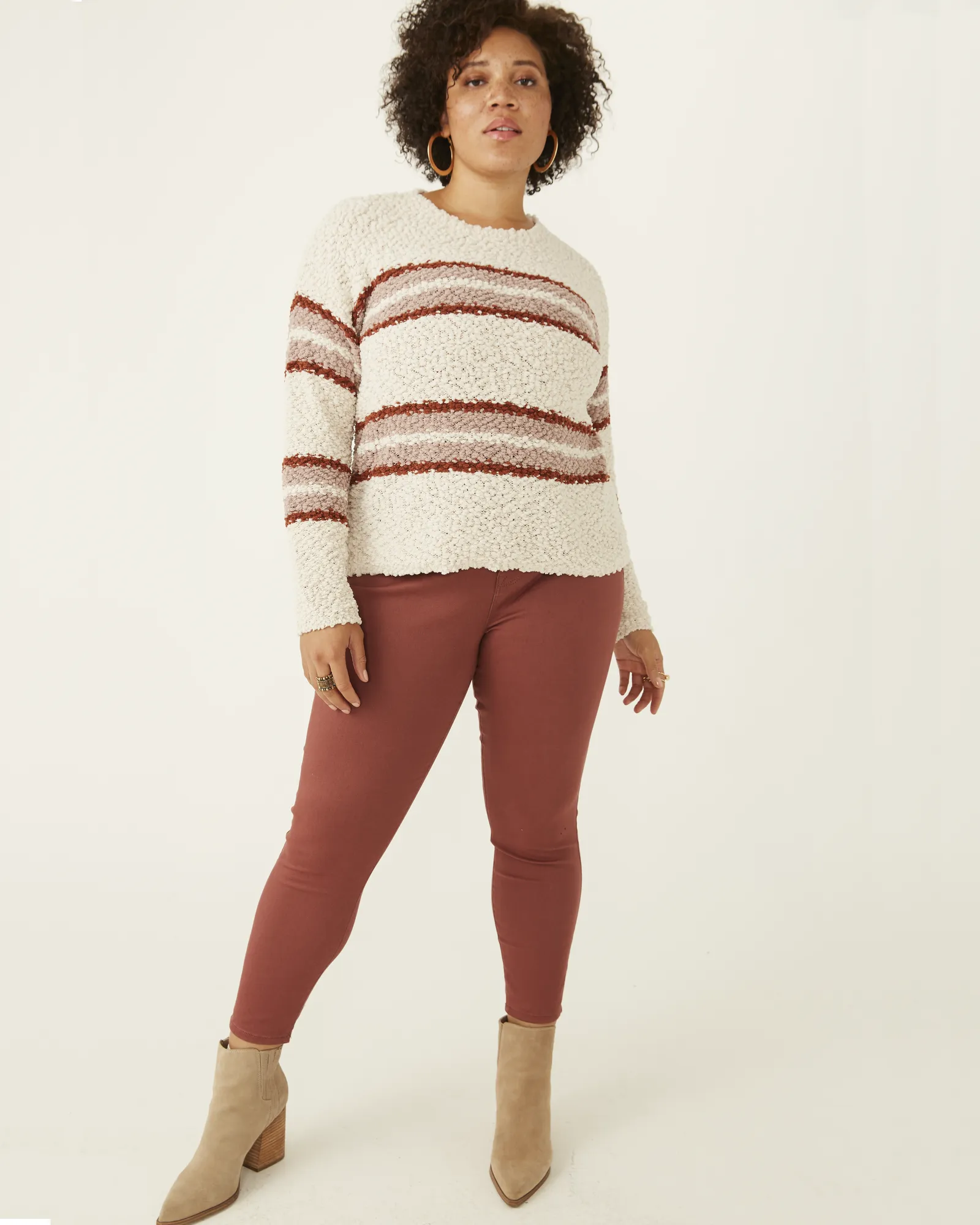 Eileen Popcorn-Knit Striped Sweater | Ivory / Burgundy