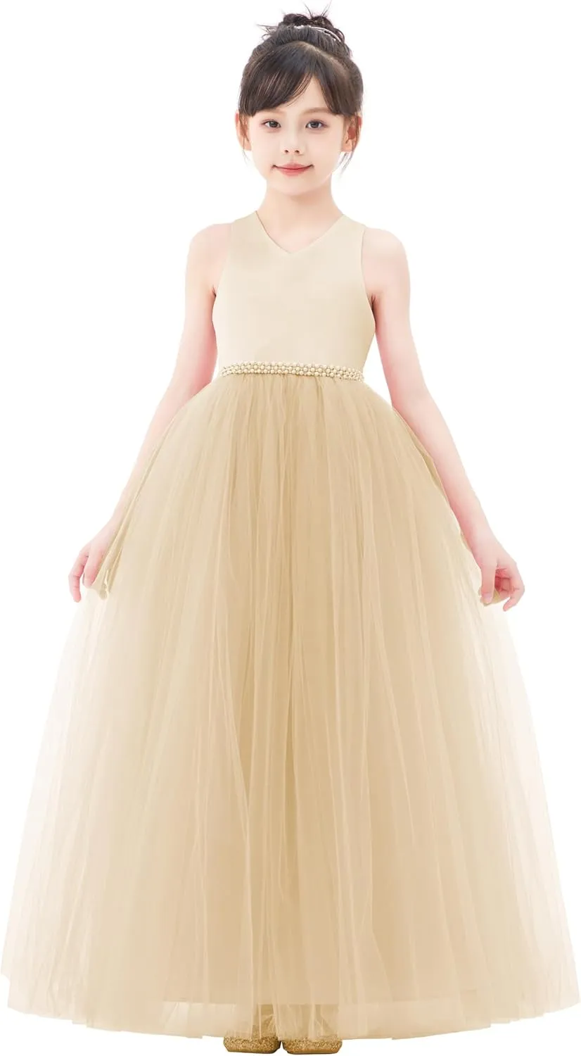ekidsbridal Crossed Straps Satin Flower Girl Dress with Rhinestones for Social Events 240