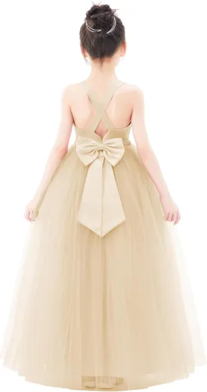ekidsbridal Crossed Straps Satin Flower Girl Dress with Rhinestones for Social Events 240