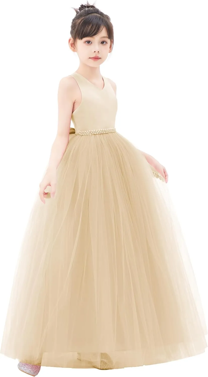 ekidsbridal Crossed Straps Satin Flower Girl Dress with Rhinestones for Social Events 240