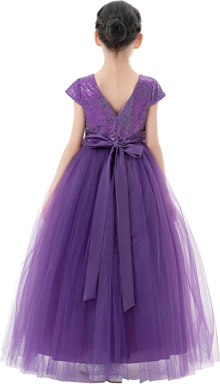ekidsbridal Sequins V-Back Cap Sleeves Formal Flower Girl Dresses for Junior Pageants 323