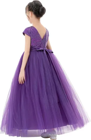 ekidsbridal Sequins V-Back Cap Sleeves Formal Flower Girl Dresses for Junior Pageants 323