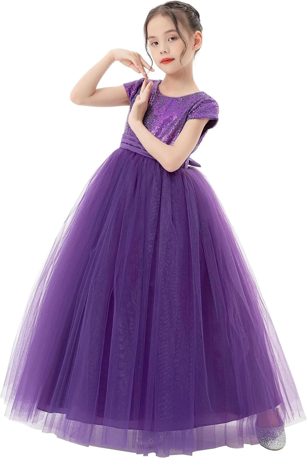 ekidsbridal Sequins V-Back Cap Sleeves Formal Flower Girl Dresses for Junior Pageants 323