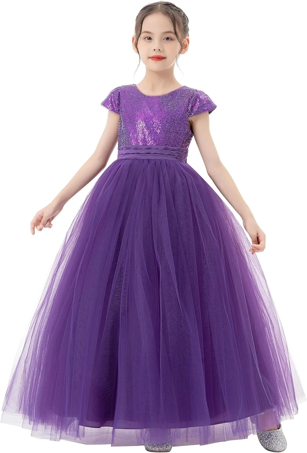 ekidsbridal Sequins V-Back Cap Sleeves Formal Flower Girl Dresses for Junior Pageants 323