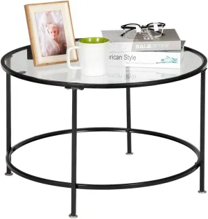 Goujxcy Modern Round Coffee Table, 26in Glass Table with Metal Steel Frame, Accent Side Coffee Table for Living Room, Sofa Table, Robust Tempered Glass, Stable, Decorative