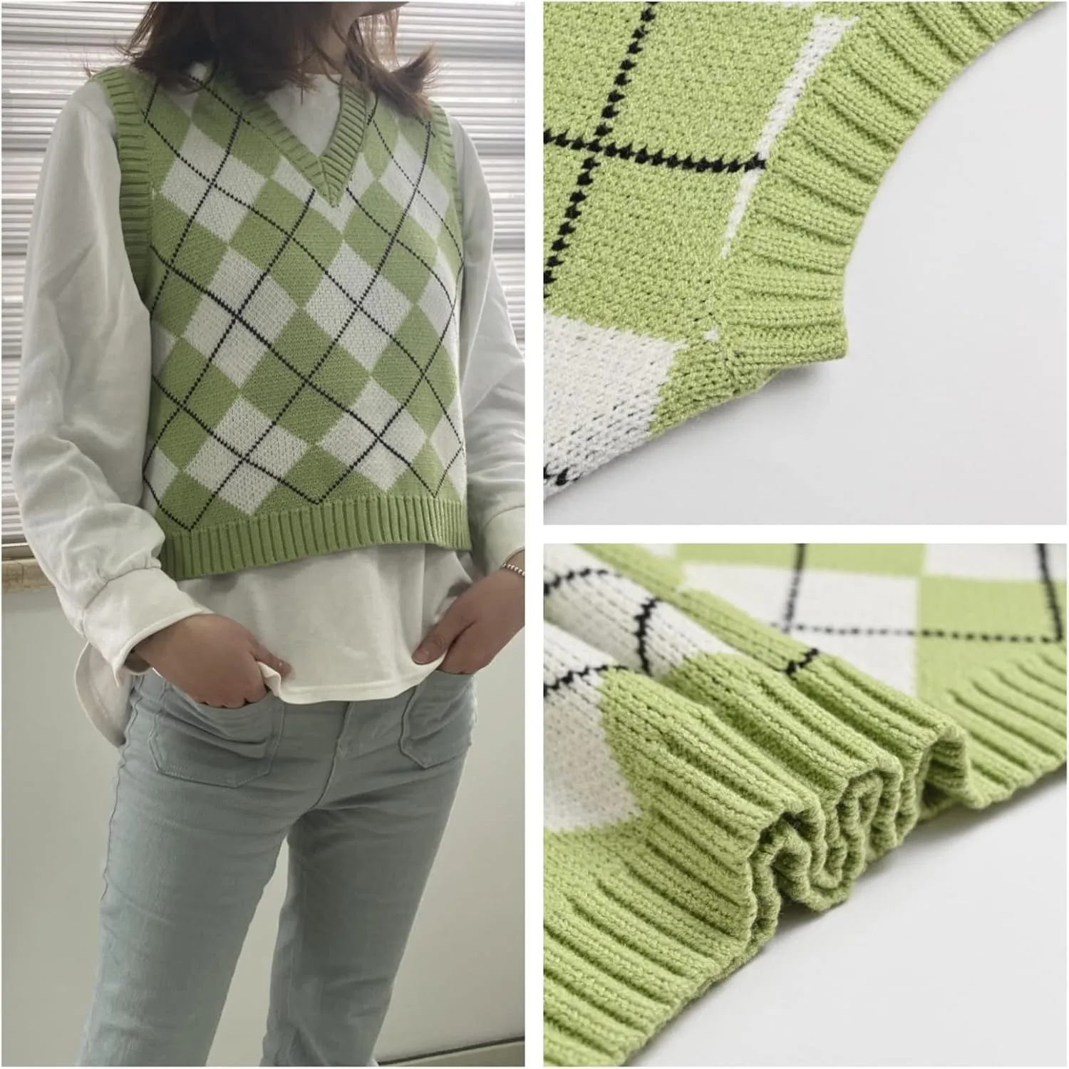 Hyipels Women's Sweater Vest,Y2K Sleeveless Pattern Preppy Style Knitted Crop Tank Top for Girl
