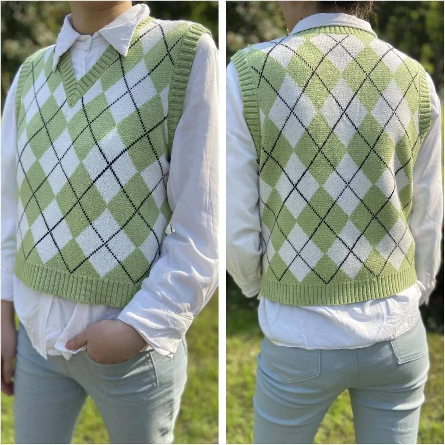 Hyipels Women's Sweater Vest,Y2K Sleeveless Pattern Preppy Style Knitted Crop Tank Top for Girl