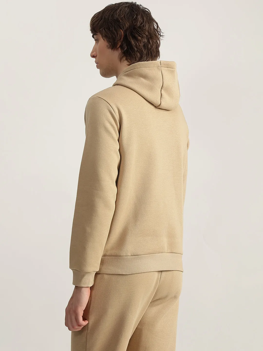 Iconic Men Khaki Solid Hooded Full Sleeves Pullover Style Sweatshirt