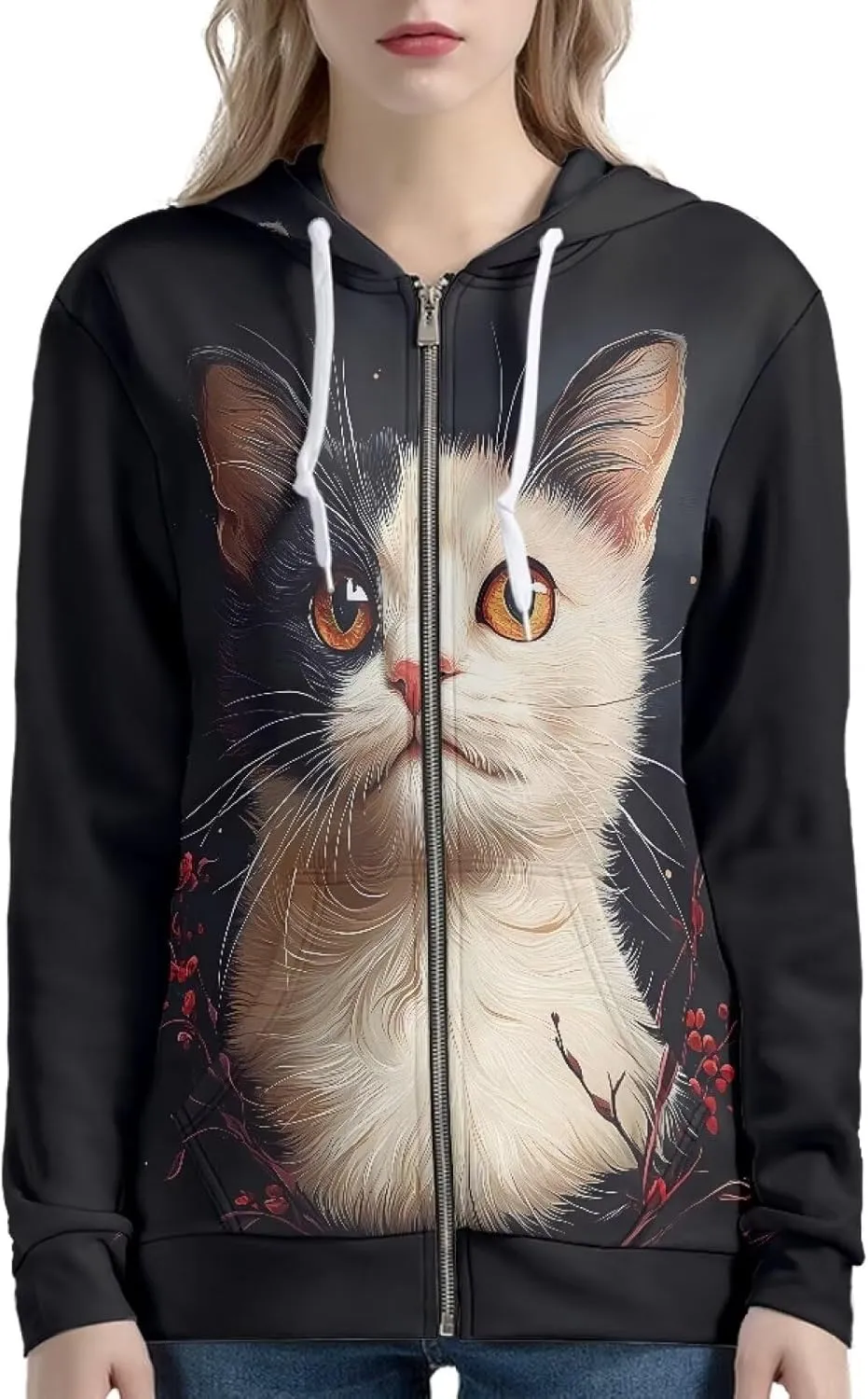 Irisjudy Women's Sport Jackets with Pocket Mexican Hooded Sweatshirt, Island Floral,Cats Hoodie Plus Size Drawstring Coat