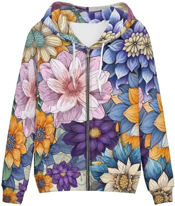 Irisjudy Women's Sport Jackets with Pocket Mexican Hooded Sweatshirt, Island Floral,Cats Hoodie Plus Size Drawstring Coat