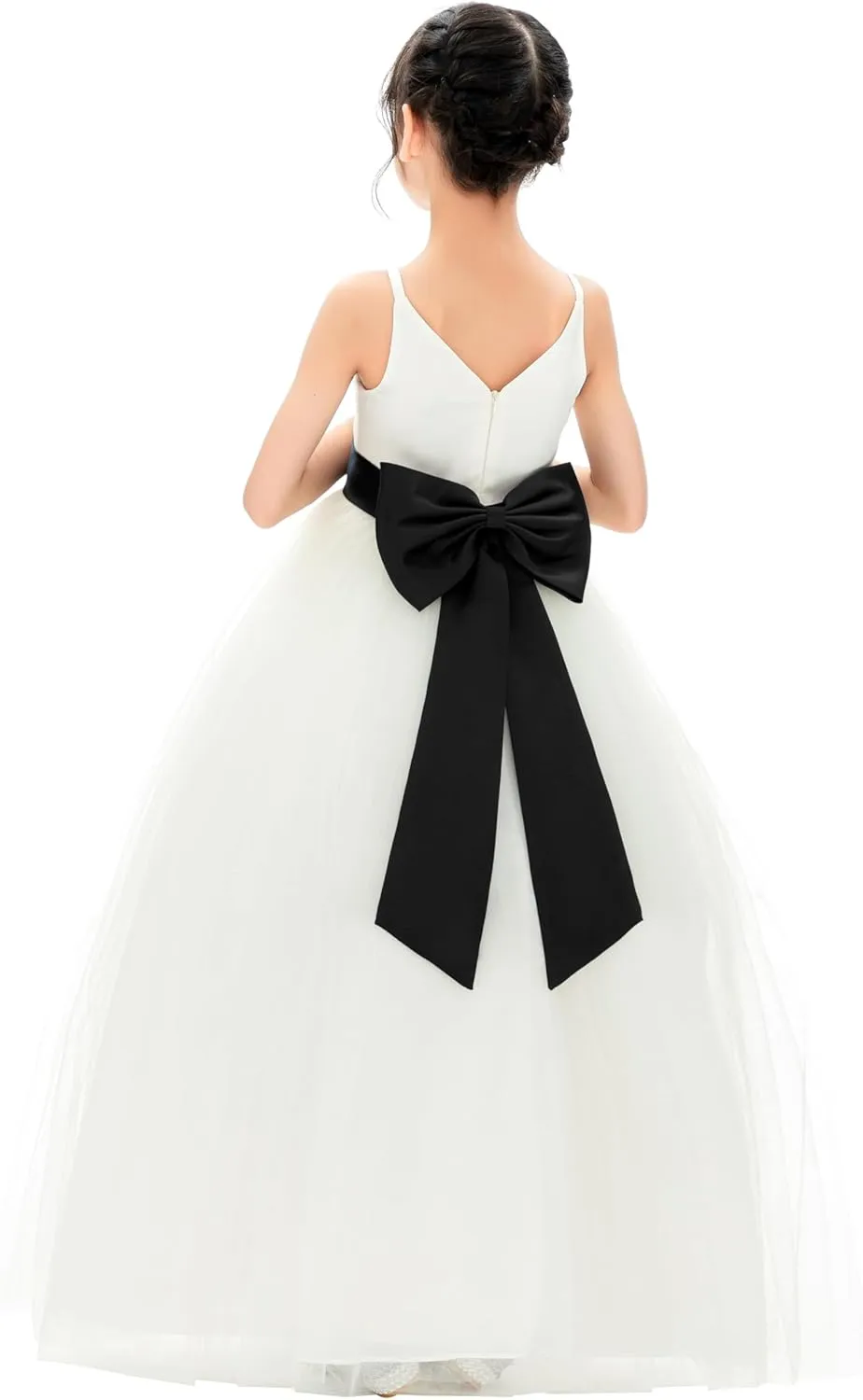 Ivory V-Neck Tulle Flower Girl Dress with Tiebow for Special Occasion 218noFT
