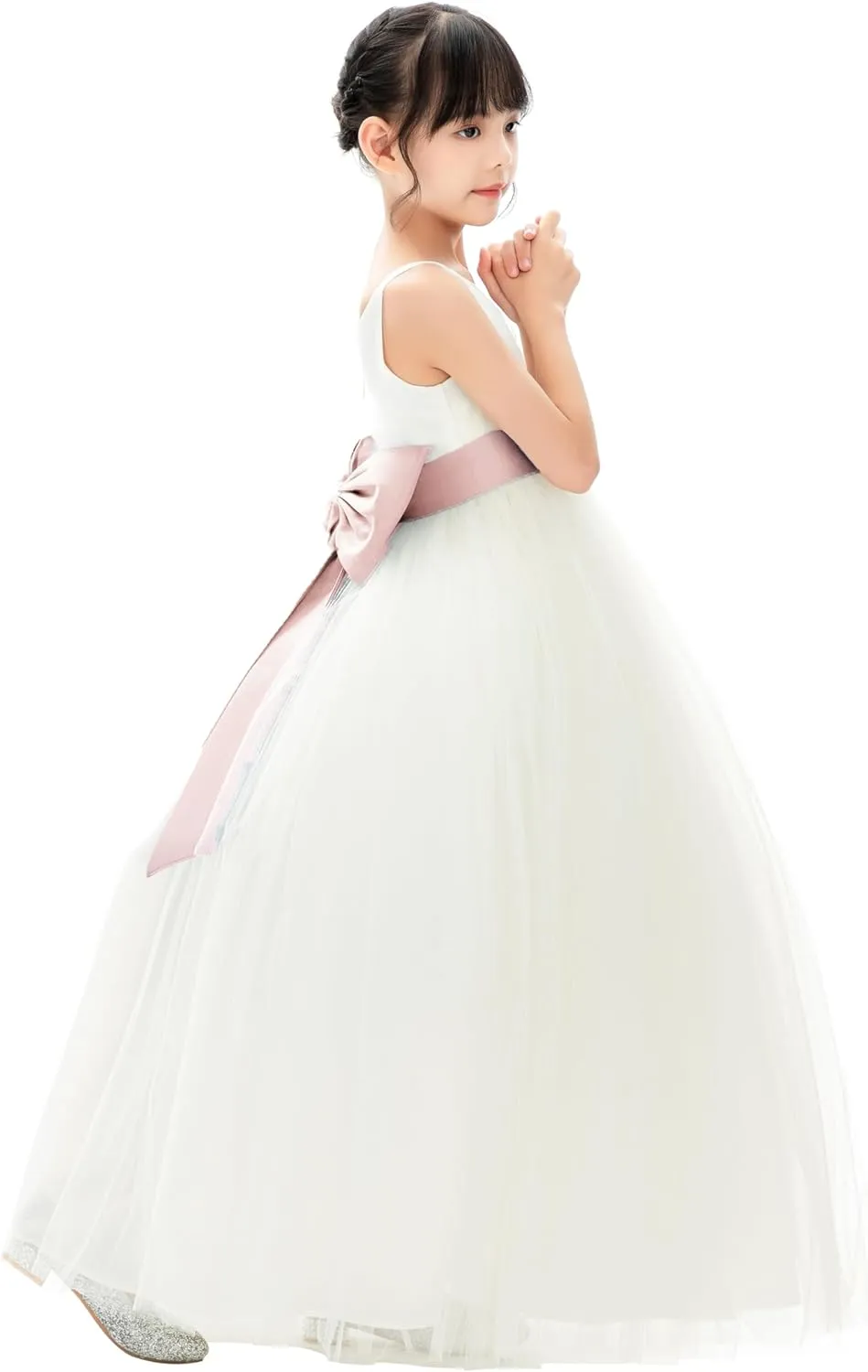 Ivory V-Neck Tulle Flower Girl Dress with Tiebow for Special Occasion 218noFT