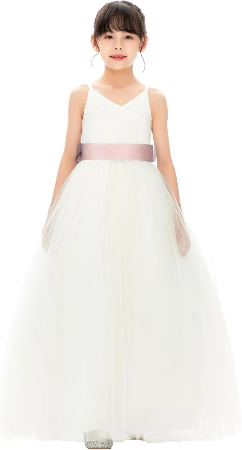 Ivory V-Neck Tulle Flower Girl Dress with Tiebow for Special Occasion 218noFT