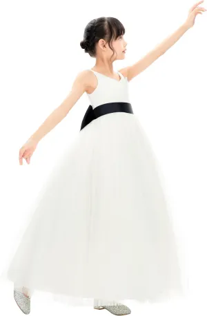 Ivory V-Neck Tulle Flower Girl Dress with Tiebow for Special Occasion 218noFT
