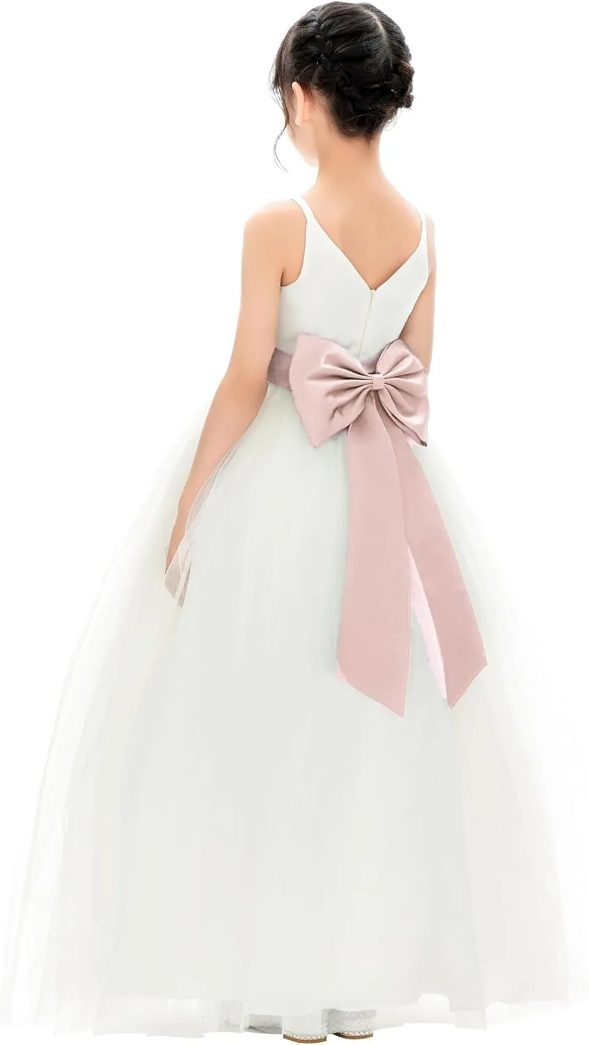 Ivory V-Neck Tulle Flower Girl Dress with Tiebow for Special Occasion 218noFT