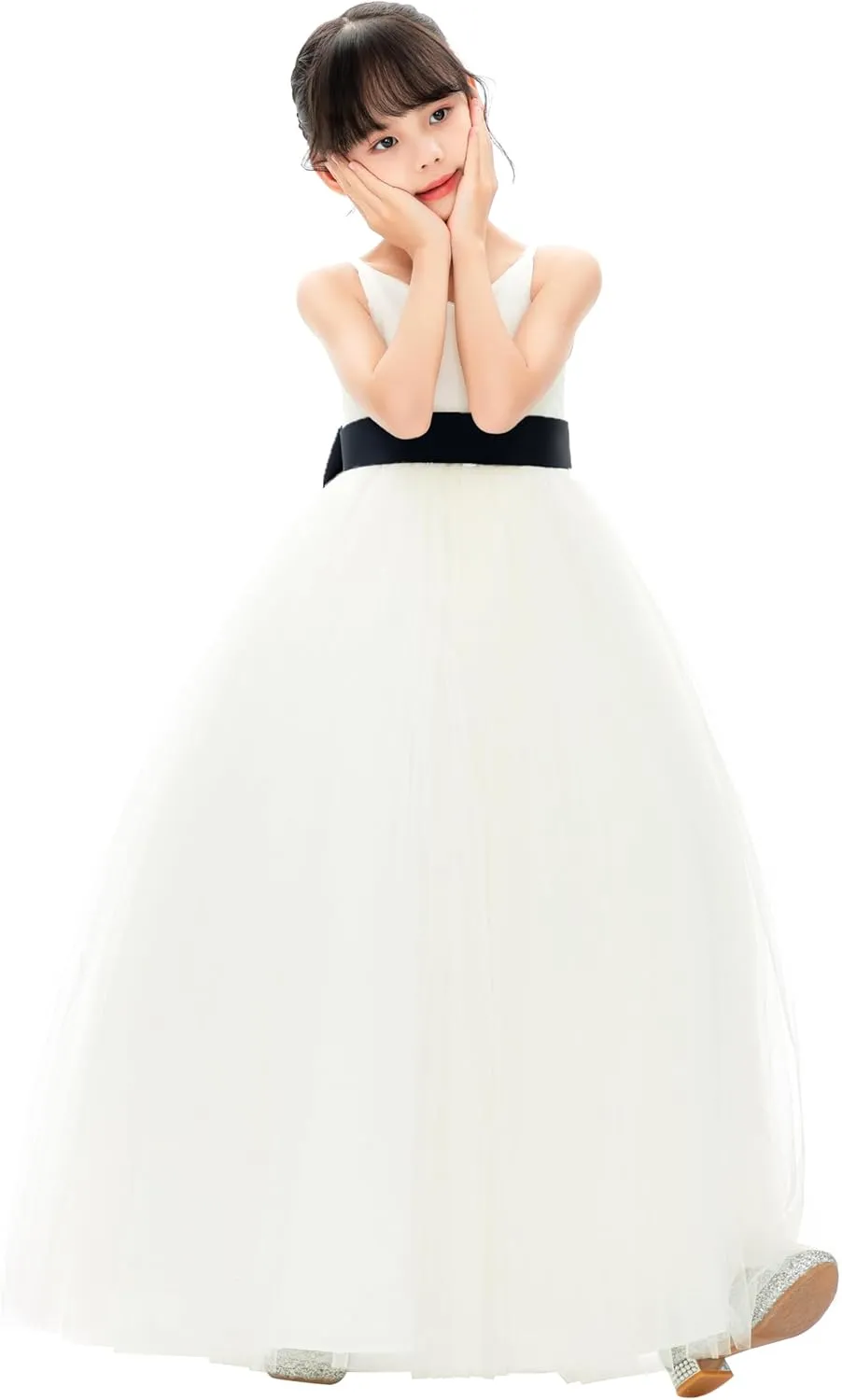 Ivory V-Neck Tulle Flower Girl Dress with Tiebow for Special Occasion 218noFT