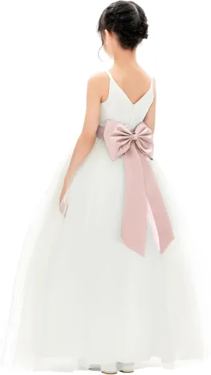 Ivory V-Neck Tulle Flower Girl Dress with Tiebow for Special Occasion 218noFT