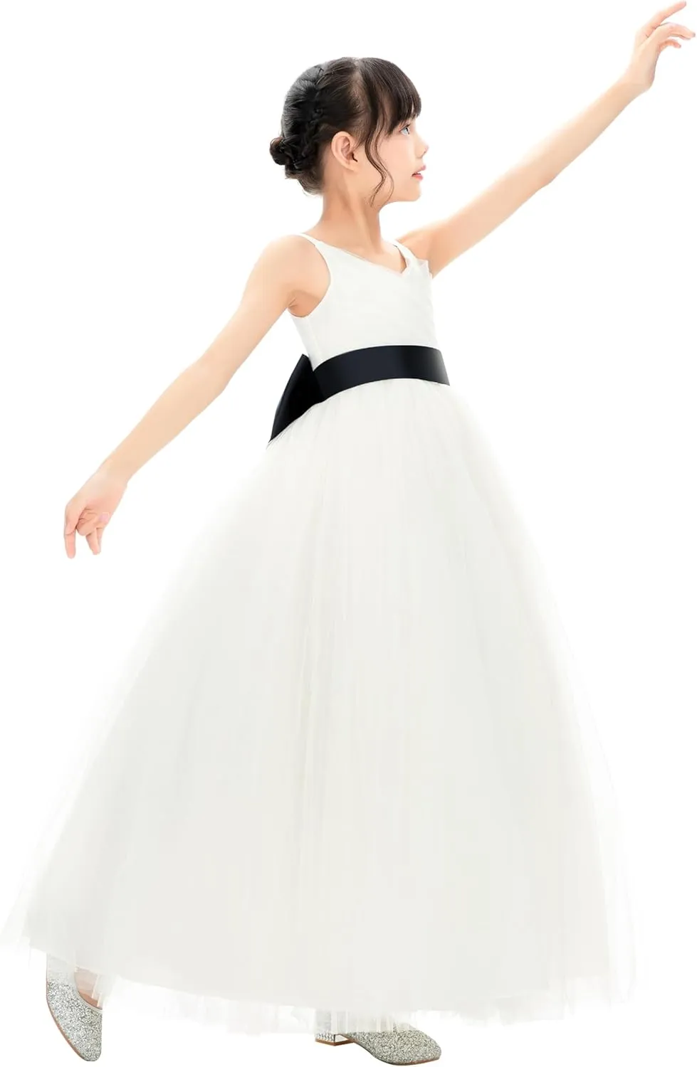 Ivory V-Neck Tulle Flower Girl Dress with Tiebow for Special Occasion 218noFT