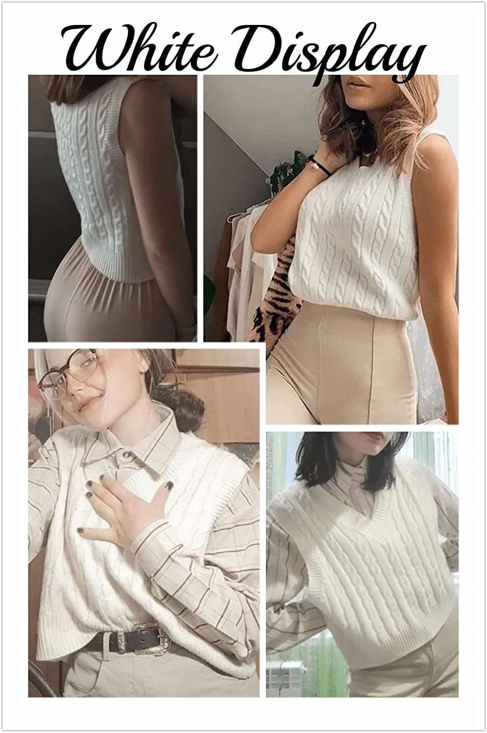 Lailezou Women's V-Neck Knit Sweater Vest Solid Color Argyle Plaid Preppy Style Sleeveless Crop Knit Vest