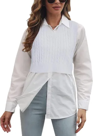 Lailezou Women's V-Neck Knit Sweater Vest Solid Color Argyle Plaid Preppy Style Sleeveless Crop Knit Vest