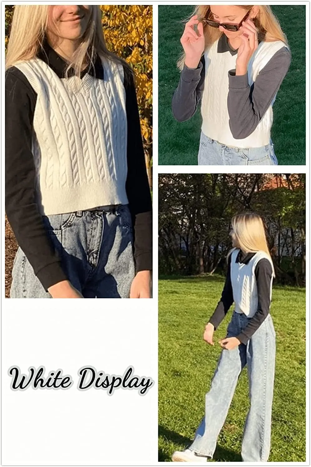 Lailezou Women's V-Neck Knit Sweater Vest Solid Color Argyle Plaid Preppy Style Sleeveless Crop Knit Vest