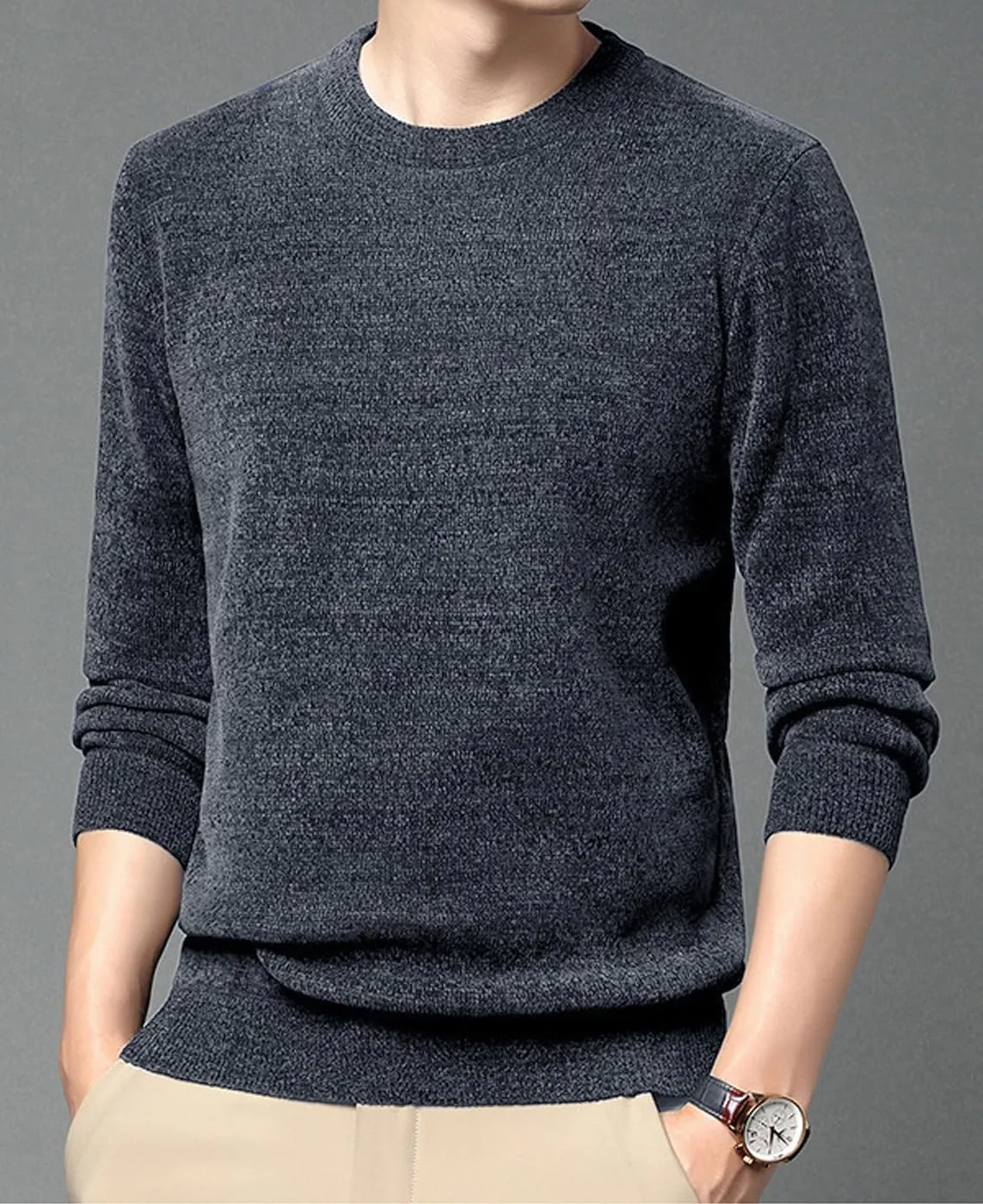 Men's Chenille Crewneck Sweater Long Sleeve Regular Fit Knitted Sweater Winter Fleece Pullover Warm Fleece Lined Sweatshirts