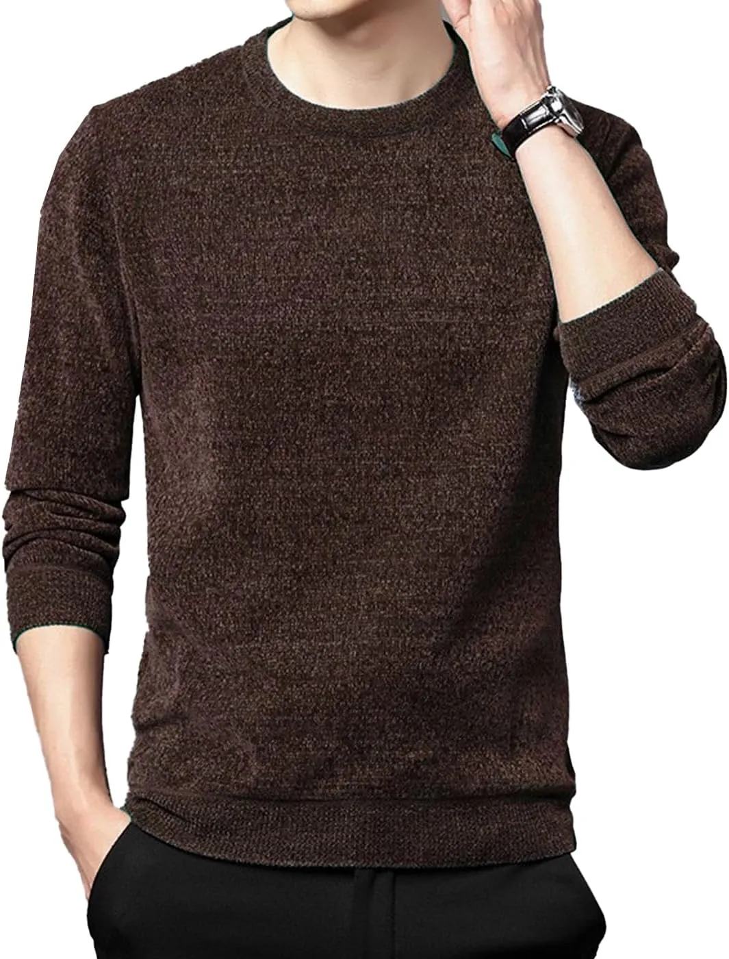 Men's Chenille Crewneck Sweater Long Sleeve Regular Fit Knitted Sweater Winter Fleece Pullover Warm Fleece Lined Sweatshirts