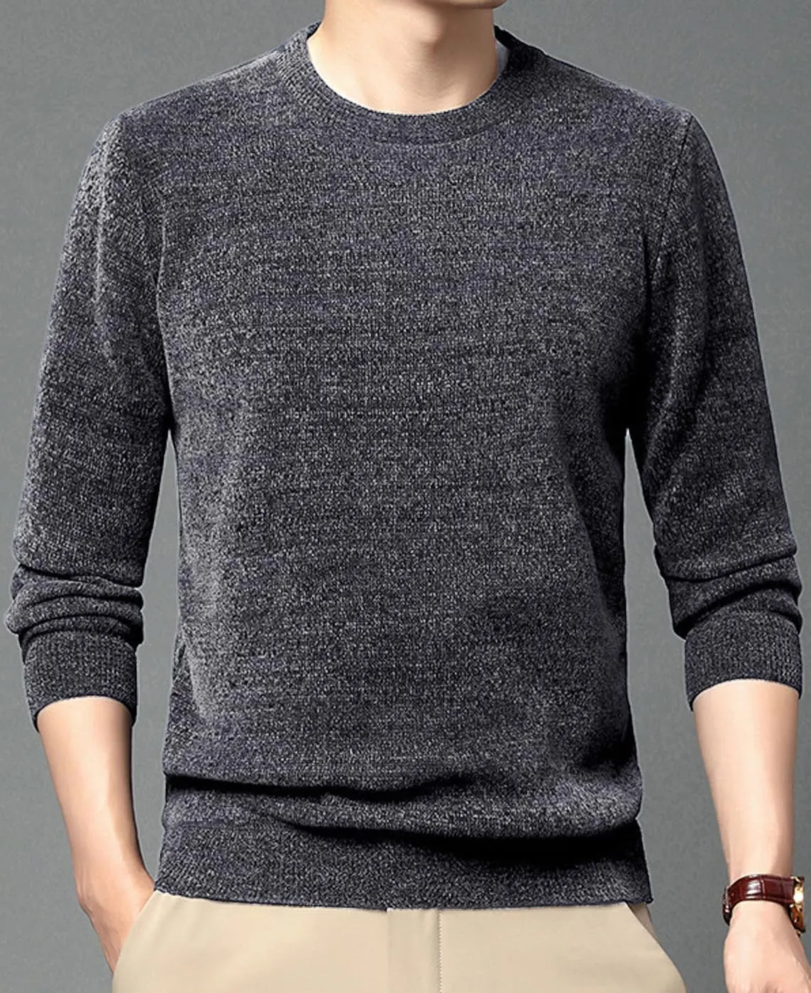 Men's Chenille Crewneck Sweater Long Sleeve Regular Fit Knitted Sweater Winter Fleece Pullover Warm Fleece Lined Sweatshirts