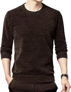 Men's Chenille Crewneck Sweater Long Sleeve Regular Fit Knitted Sweater Winter Fleece Pullover Warm Fleece Lined Sweatshirts