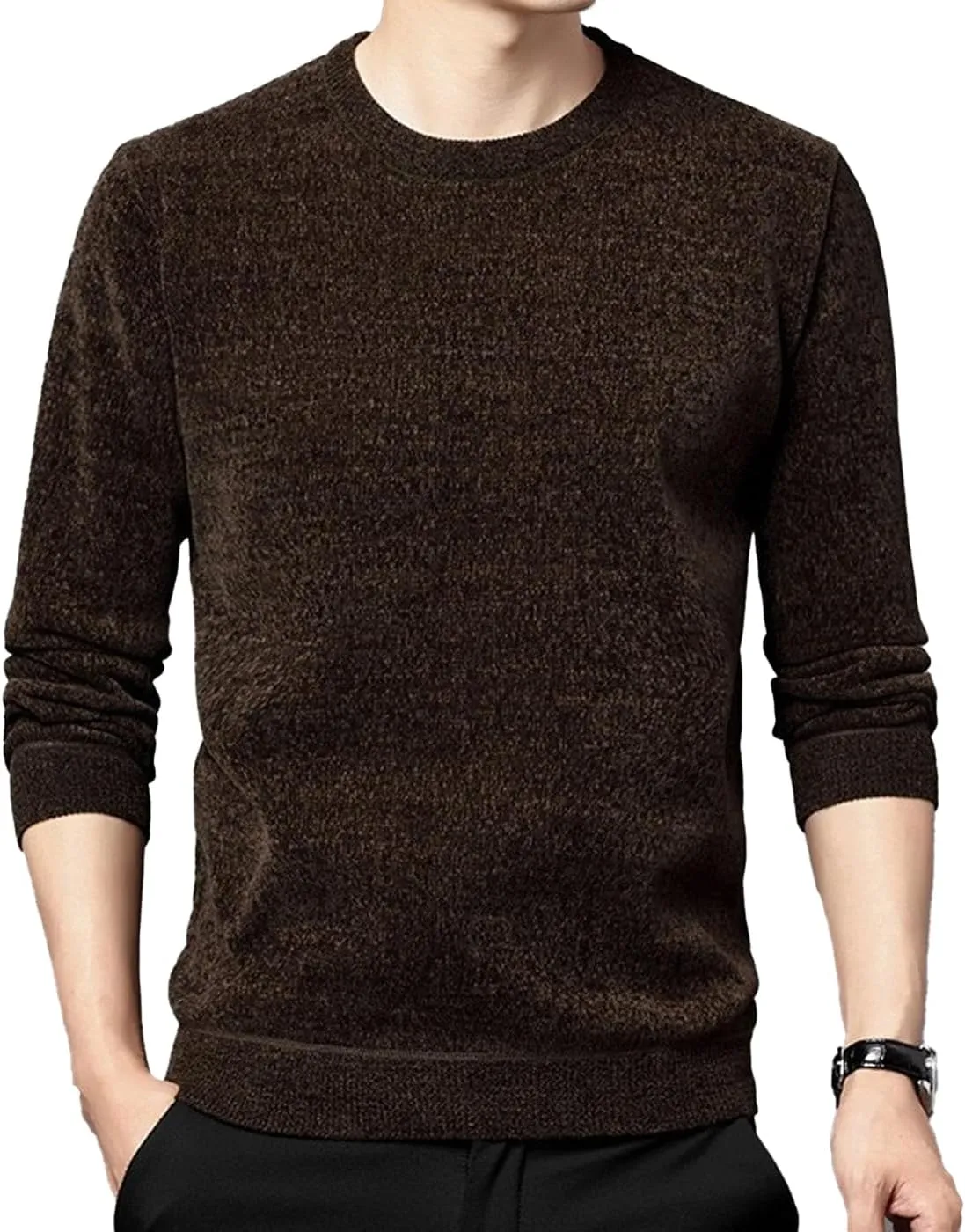 Men's Chenille Crewneck Sweater Long Sleeve Regular Fit Knitted Sweater Winter Fleece Pullover Warm Fleece Lined Sweatshirts