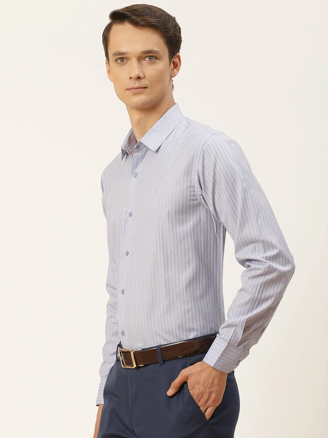 Mens Cotton Blue Striped Formal Shirt - Sojanya