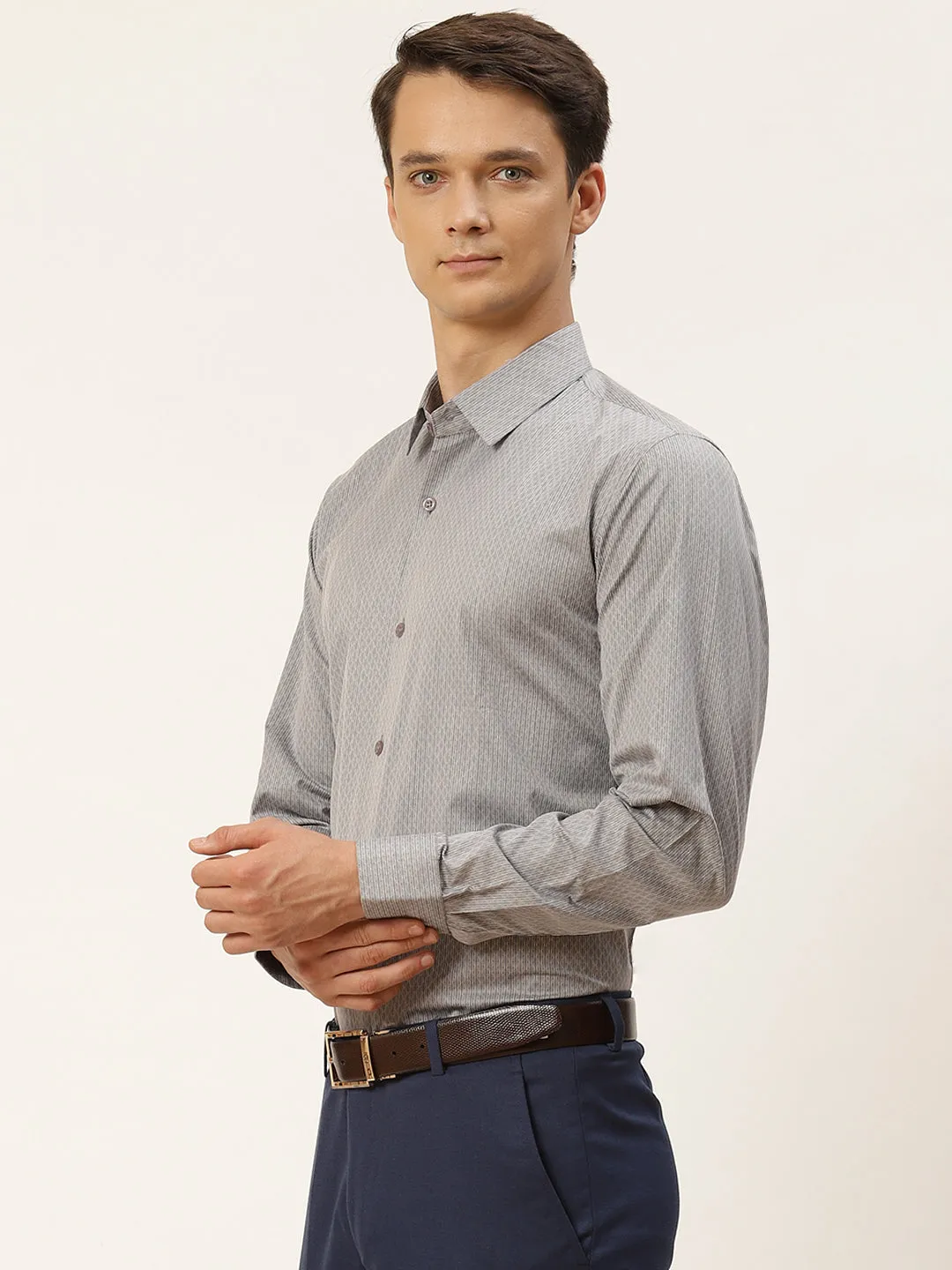 Mens Cotton Grey & Off White Striped Formal Shirt - Sojanya