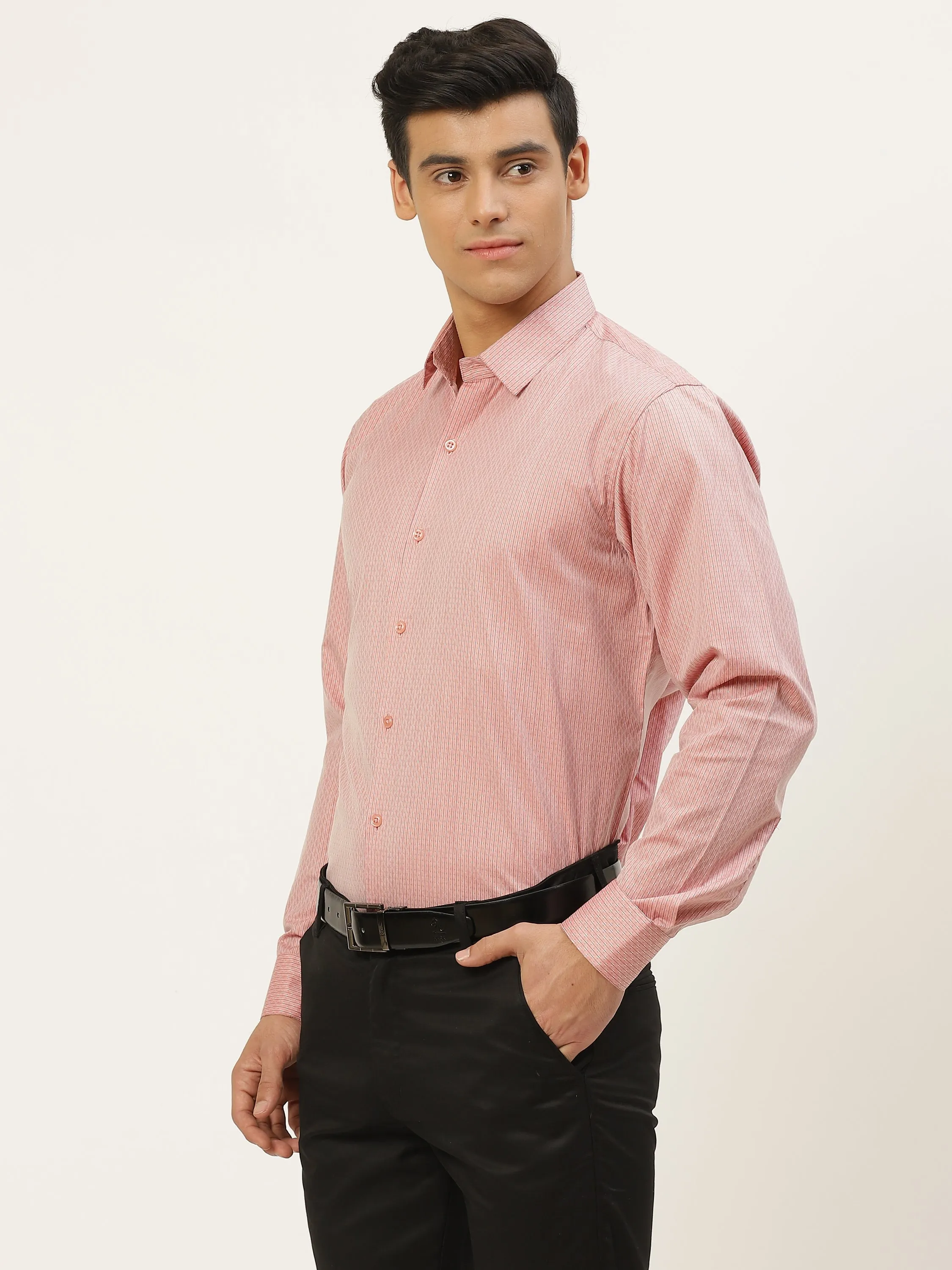 Mens Cotton Peach & Navy Blue Striped Formal Shirt - Sojanya