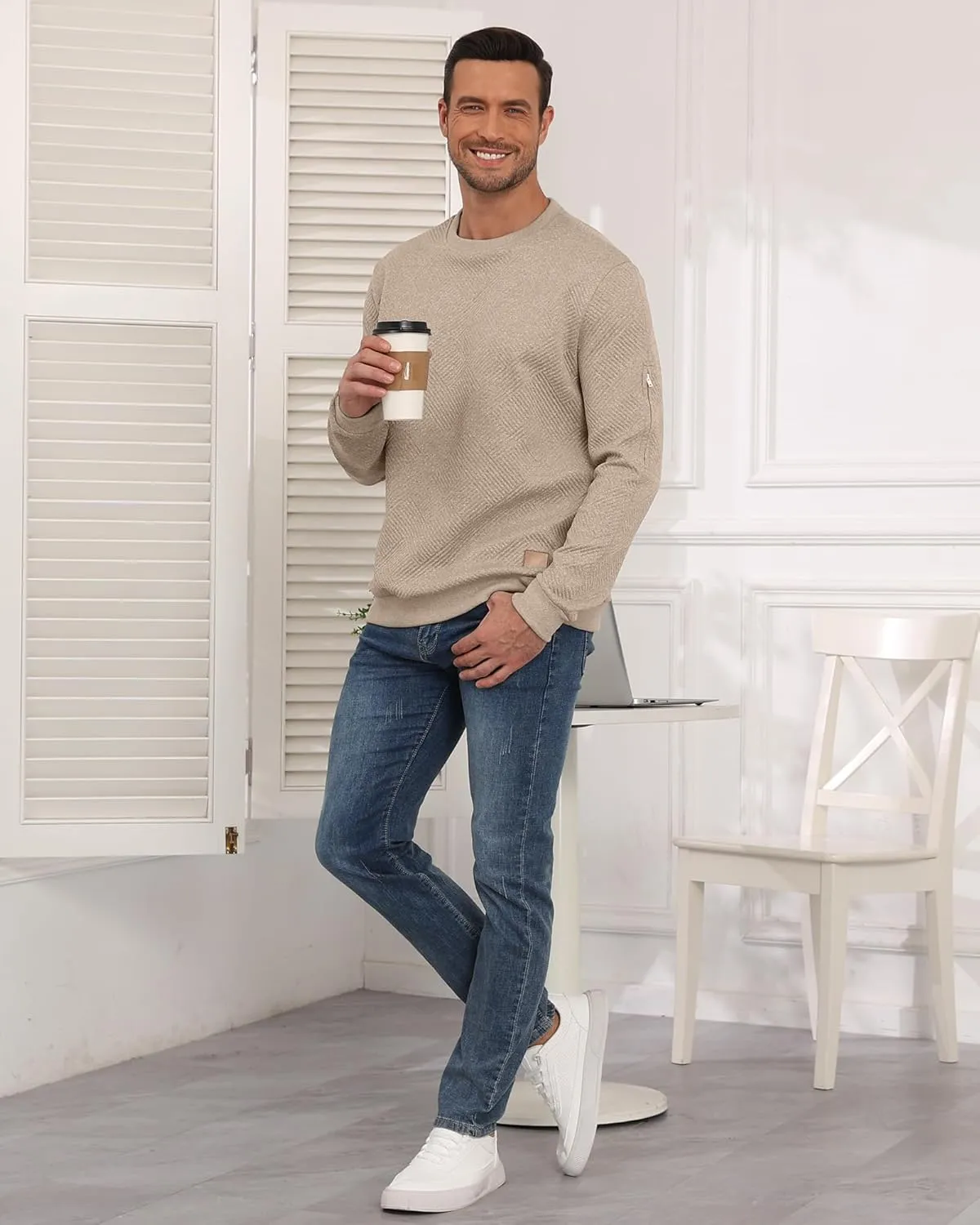 Men's Crewneck Sweatshirts with Arm Pocket Long Sleeve Pullover Sweater Geometric Texture Sweatshirt Lightweight