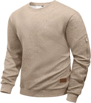 Men's Crewneck Sweatshirts with Arm Pocket Long Sleeve Pullover Sweater Geometric Texture Sweatshirt Lightweight