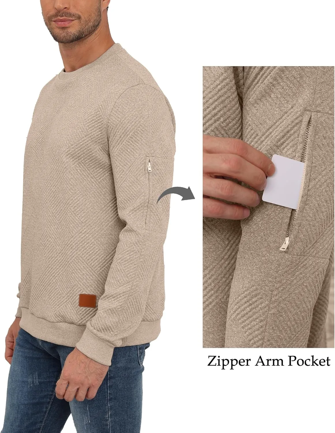 Men's Crewneck Sweatshirts with Arm Pocket Long Sleeve Pullover Sweater Geometric Texture Sweatshirt Lightweight