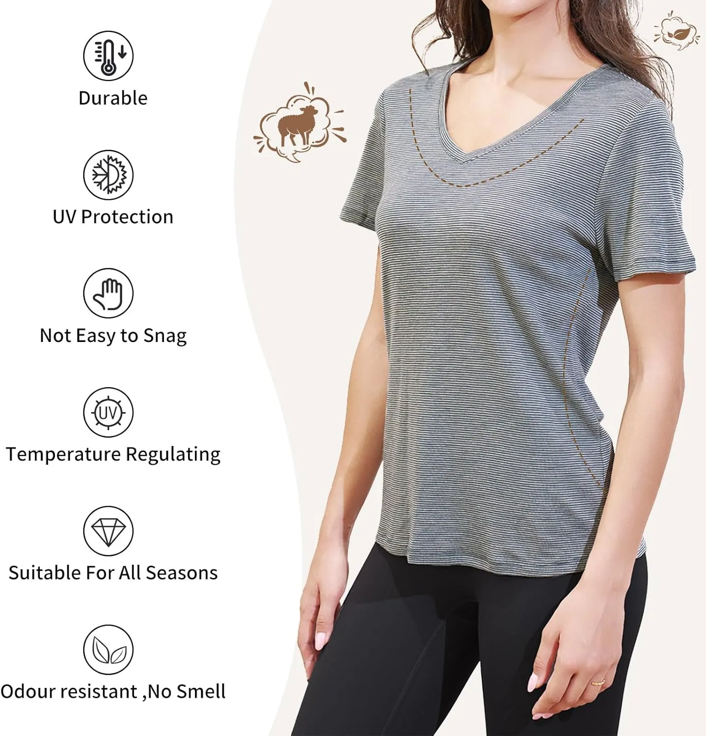 Merino Protect 100% Merino Wool V Neck T-Shirt for Women Short Sleeve Base Layers Odor Resistance Tops for Outdoor Hiking